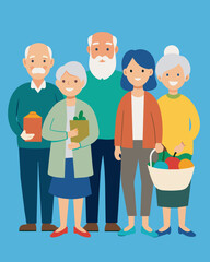 Elderly residents who are on fixed incomes relying on the food bank for their weekly groceries.. Vector illustration