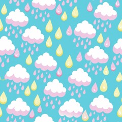 Seamless pattern of enchanted marshmallow clouds with sugary raindrops, Generative AI