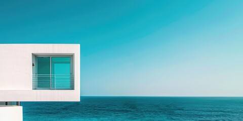 A white building with a blue window overlooking the ocean