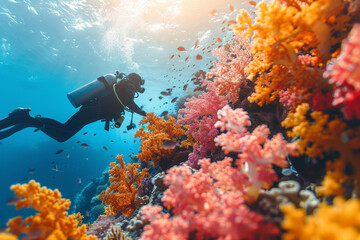 Obraz premium A scuba diver swimming among colorful coral reefs. Concept of underwater adventure and marine life. Generative Ai.