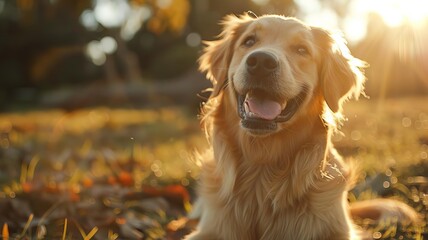Low-angle view of a joyful Golden Retriever playing in a sunlit park