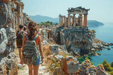 A group of tourists taking a guided tour through an ancient ruin. Concept of historical sites and guided tours. Generative Ai.