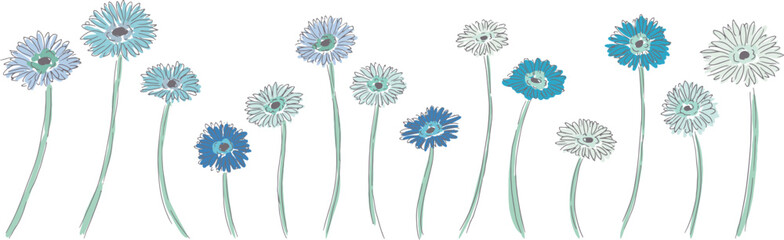 線画の草木イラスト。線画の草木ベクター素材。手描きのガーベラ夏フレーム。Line drawing grass and trees illustration. Line drawing plants and trees vector material. Hand drawn gerbera summer frame.