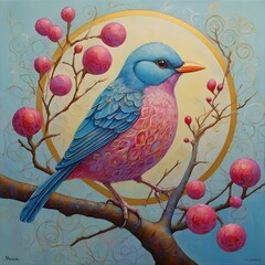 A whimsical bird perched on a branch.