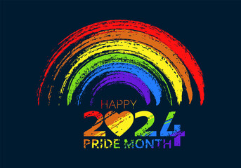 Happy Pride Month Horizontal Banner with Rainbow and Pride Colors Flag on Dark Background