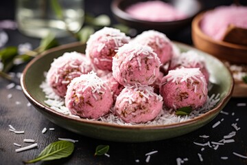 A Pink Matcha energy balls with coconut flakes 