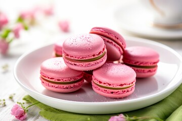 A Pink Matcha macarons arranged on a white plate 