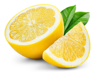 Lemon half and slice with leaf isolated png. Sliced lemon with leaves on transparent background. PNG format. Full depth of field.