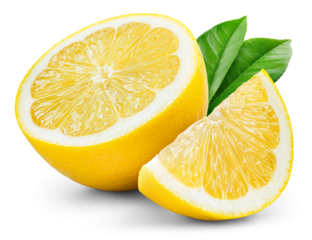 Lemon half and slice with leaf isolated png. Sliced lemon with leaves on transparent background. PNG format. Full depth of field.