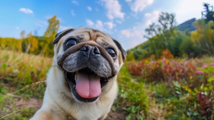 Obraz premium tongue out, mouth open among wildflowers, blue sky, clouds