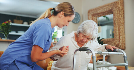 Nurse, senior woman and walking frame with balance, recovery and mobility exercise in house....