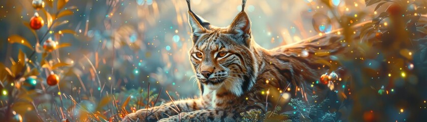 Fototapeta premium Lynx in a summertime forest clearing, festive ears decorated with miniature Christmas baubles