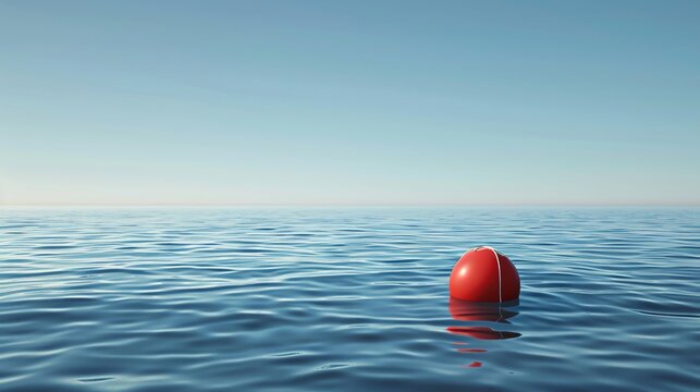 red floating bouy on the calm ocean, flat horizon line in background, blue sky