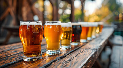 Kinds of Beer glasses on wooden table.