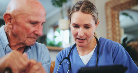 Senior man, nurse and tablet for results in home, healthcare and talking on recovery treatment....