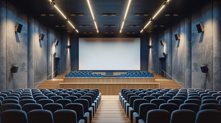 Fototapeta premium 3d render of the university auditorium, minimalistic style, many seats, white and dark blue colors, wooden floor, view on the board screen. Generative AI.