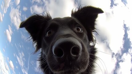  A close-up of a black dog's face against a backdrop of clouds and a blue sky, dotted with white clouds
