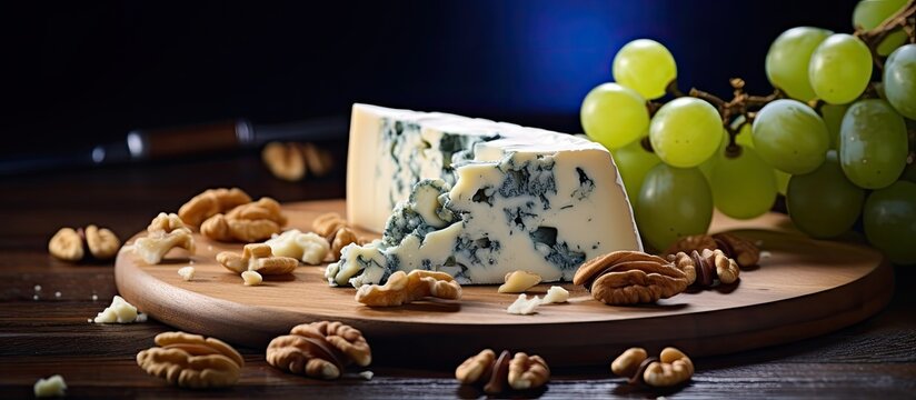 A wedge of blue cheese is placed on a wooden cutting board accompanied by a scattering of walnuts and grapes creating a visually appealing copy space image