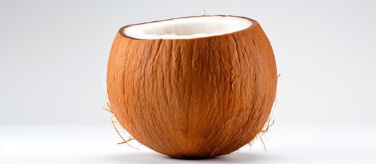 A close up of a coconut on a white background with empty space around it for additional images or text