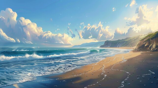 A serene beach scene depicted in artwork
