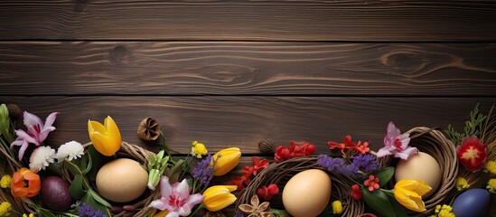 A wreath with Easter elements placed on a wooden background providing ample space for copy