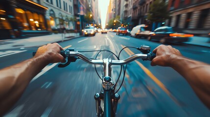 pov of riding bike in new york city, holding the handle bar with both hands, daylight, high resolution photography
