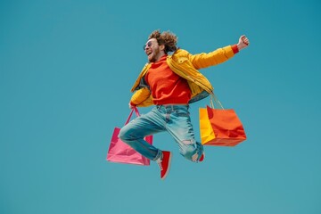 Obraz premium Excited man in colorful clothes leaping with shopping bags in hand, captured mid-air against a clear blue sky.