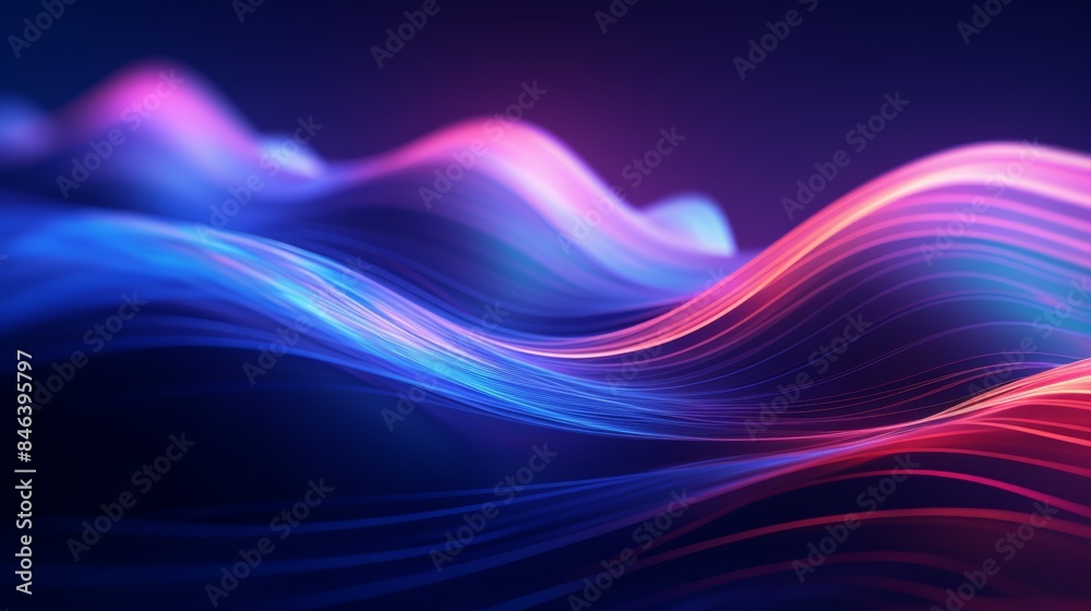 Poster an abstract flowing neon wave background in a surreal style, with dreamlike imagery and distorted pe
