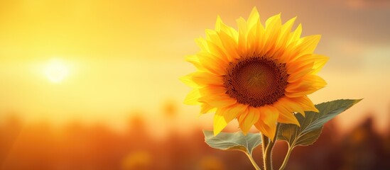 Obraz premium A vibrant sunflower basking in the warm glow of the rising sun creating a captivating copy space image
