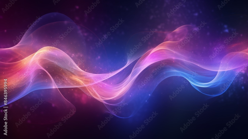 Poster an abstract flowing neon wave background reminiscent of a cosmic nebula, with swirling gases and rad