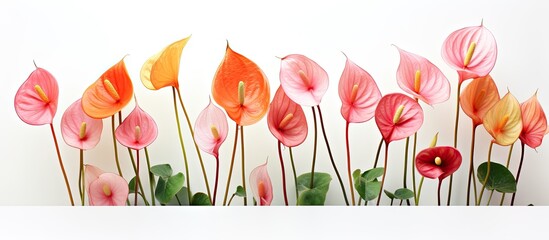 Anthurium flowers in assorted shades of red pink and orange arranged on a white background providing copy space for design or text