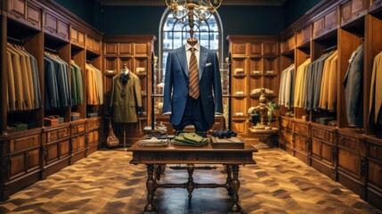 A mannequin wearing a blue suit and tie is displayed in a store