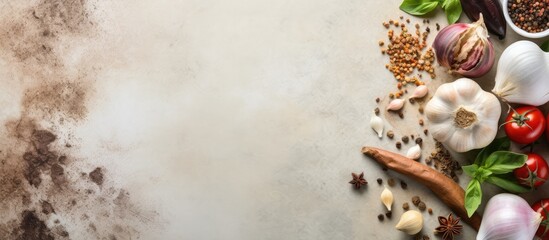 Obraz premium A top view of a culinary theme with a variety of spices such as garlic basil pepper and salt laid out on a light beige slate stone or concrete table with ample copy space in the image
