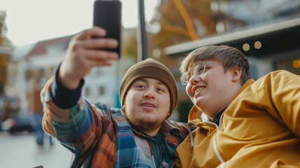 Young Man with Down Syndrome and Mentoring Friend Taking Selfie Outdoors in Cafe, Celebrating Friendship and Inclusion