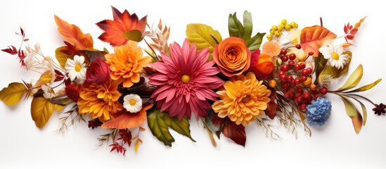 A beautiful fall themed floral arrangement with a colorful assortment of flowers placed on a clean white background The composition depicts the essence of autumn and can be seen from a bird s eye vie