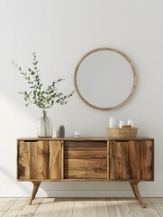 Wooden cabinet and accessories decor in living room interior on empty white wall background 