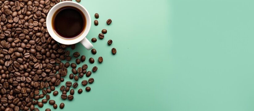 A mint colored background with a drip coffee bag filled with ground coffee beans for brewing in a cup Scattered coffee beans surround the bag on a minimal flat lay with a pastel colored backdrop prov