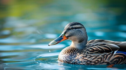 Fototapeta premium Wild duck with a gray plumage rests in a serene blue lake with a single droplet falling from its crimson beak Other ducks swim in the serene blue waters 
