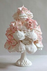 delicate meringue tree sculpture with white and pink swirls, creating whimsical, elegant display. meringue is artfully arranged to resemble flowers and peaks, exuding sense of lightness and creativity