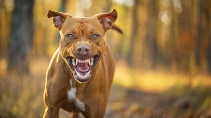 A dog is running through a forest with its mouth open and teeth bared
