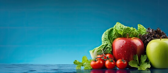 A red apple and lettuce along with a variety of other fruits and vegetables are displayed against a blurred blue background providing ample empty space for text or images © StockKing