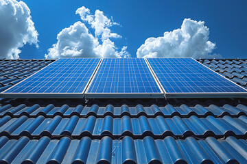 Three solar panels are installed on a blue roof. The panels are angled to catch the sun and generate electricity. The blue color of the roof and the panels creates a sense of calm and serenity