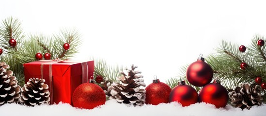 A visually captivating Christmas card featuring a red gift box festive fir branches with cones and silver and red Christmas balls The beautiful composition is set against a clean white background wit
