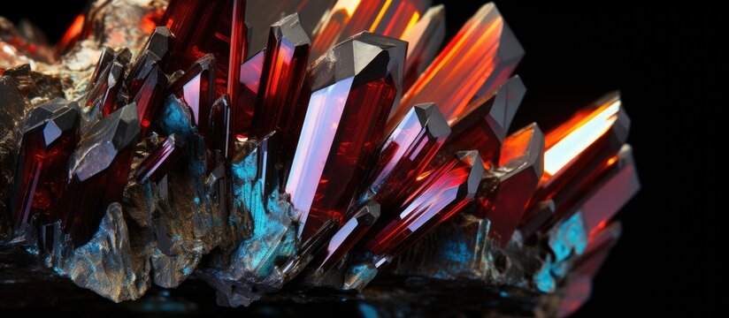 A copy space image of wolframite an iron manganese tungsten mineral ore with a monoclinic crystal structure isolated on a black background