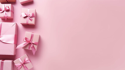 Pink background. Xmas pink gift box and gold pink ribbon bow viewed from above for text Merry Christmas, Happy New Year and Black Friday season. Horizontal banner, website. Vector illustration