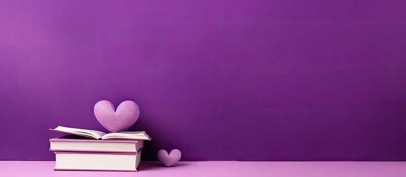 A minimal style copy space image showcasing a purple background with a small white heart containing patches surrounded by upright books A top view that represents the concepts of reading self help an