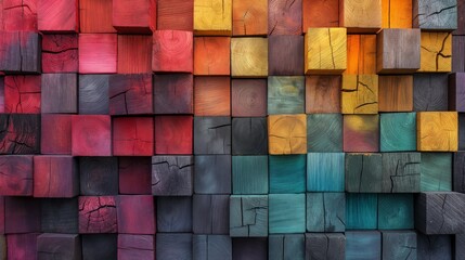 A vibrant geometric wall of multicolored wooden blocks creates an artistic tapestry of texture and color.