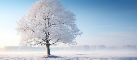 A frozen young birch stands in a field on a cold autumn morning covered in hoarfrost The background is a natural silvery blur providing a copy space image