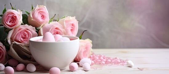 A cup filled with pink eggs accompanied by an Easter bunny and a rose creating a holiday ambiance Copy space available for customization