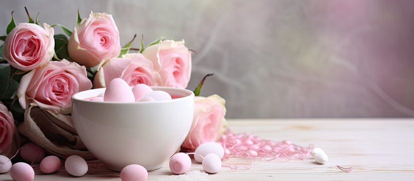 A cup filled with pink eggs accompanied by an Easter bunny and a rose creating a holiday ambiance Copy space available for customization